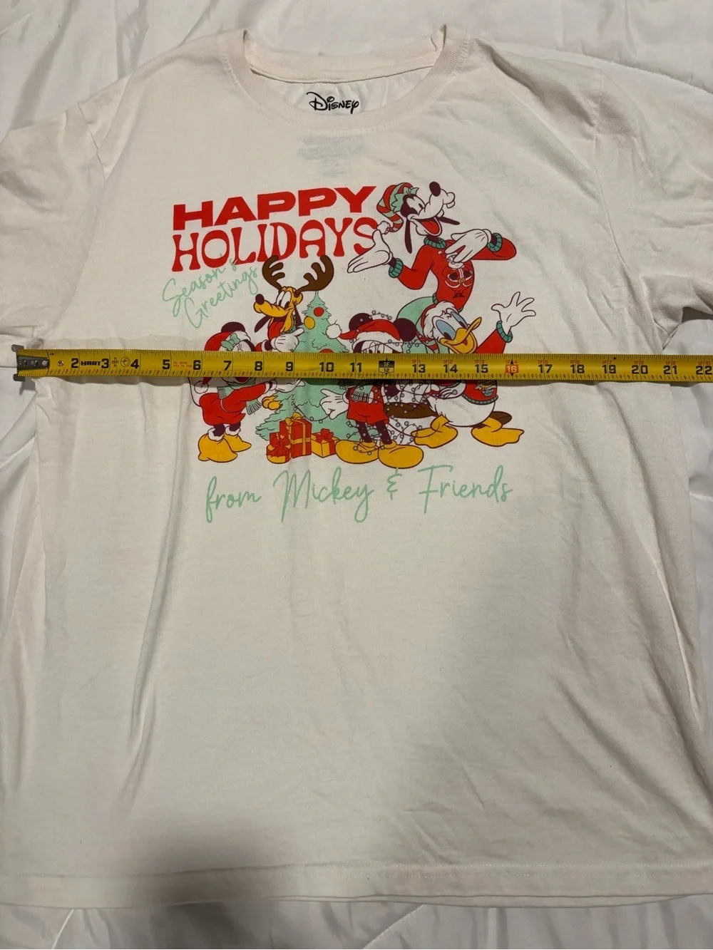 Disney White Holiday Mickey & Friends Graphic Tee with Red and Green Accents XL